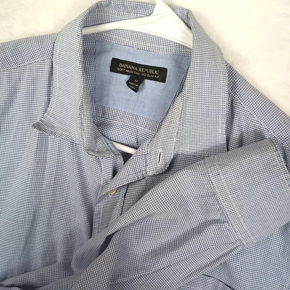 Banana Republic‎ Soft Wash Tailored Slim Fit Blue Micro Check Shirt Mens Medium